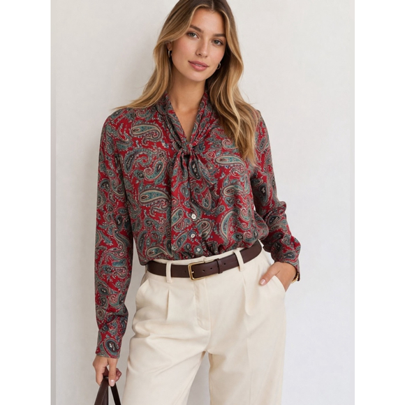 Ralph Lauren Tops - Ralph Lauren Paisley Tie Neck Blouse Red Vintage Silk Feel Top Size 6